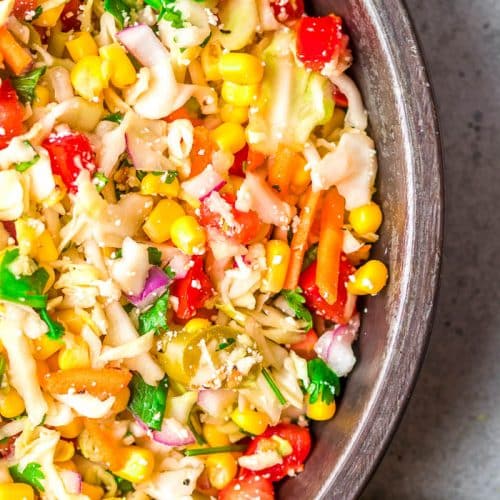 Overhead view of bowl of multi-colored jalapeno slaw.
