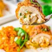 A Fork holding an Air Fried Chicken Breast roll over a dinner plate with the chicken roll and Mexican cauliflower rice.