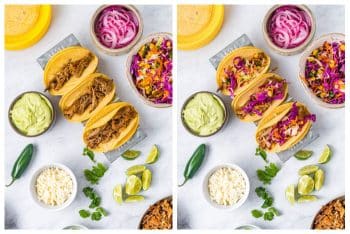 2-photo collage showing tacos filled with pulled pork and surrounded by toppings on the left, and then the pulled pork tacos on the right with the toppings on top.