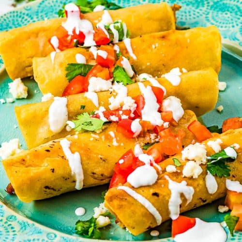 Aqua colored plate with golden fried Chicken and cream cheese taquitos topped with sour cream, chopped tomatoes, and cilantro.