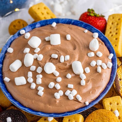 Close up of Hot Chocolate Dip with mini marshmallows on top and cookies and a strawberry surrounding the dip to user as dippers.