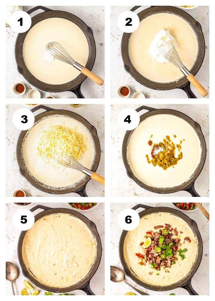 Six-step collage showing a Brisket Queso cheese dip being made in a skillet: whisking cream, adding sour cream, stirring in shredded cheese, mixing in green chilies, the melted dip, and topping with bacon and green onions.
