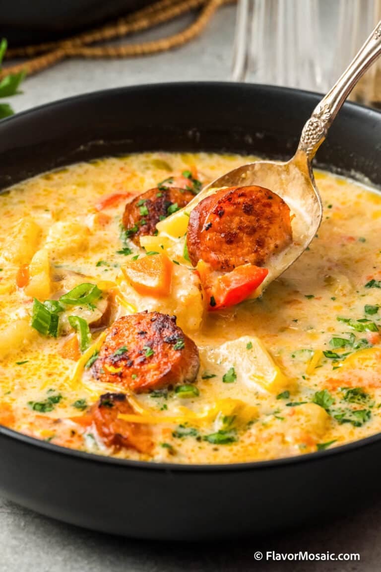 A spoonful of Slow Cooker Cajun Potato Soup held slightly above the rest of the bowl of potato soup with andouille sausage.
