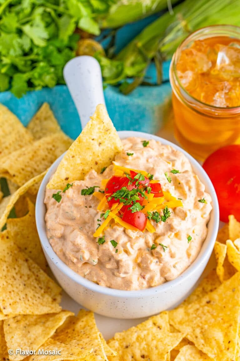 A small white bowl with a white handle surrounded by tortilla chips with a glass of ice tea with a blue napkin and fresh cilantro.