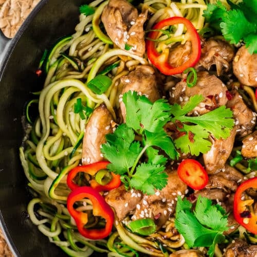 Overhead view of skillet with Chicken Zucchini Stir Fry.