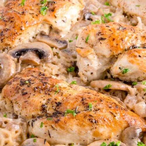 Mushroom Chicken and Rice in a skillet.