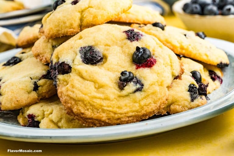 A plate filled with golden, homemade lemon blueberry cookies, each dotted with whole blueberries. In the background, a bowl of fresh blueberries sits on a yellow table surface.