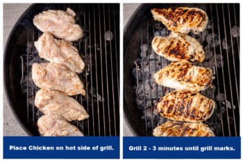 2-photo collage showing raw chicken on grill over coals and then cooked chicken breasts with grill marks over the charcoal grill.