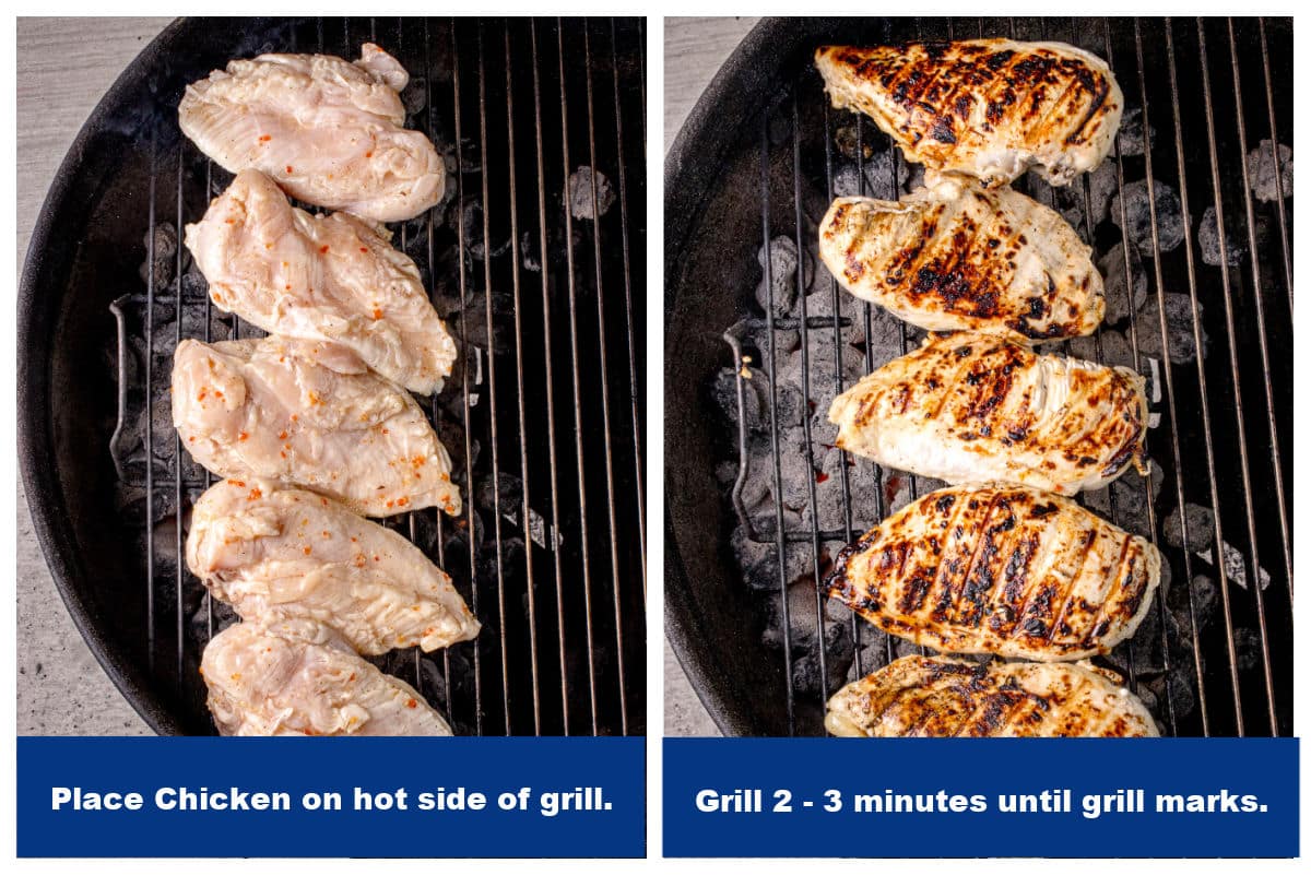 2-photo collage showing raw chicken on grill over coals and then cooked chicken breasts with grill marks over the charcoal grill.