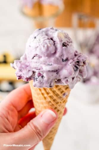 Holding ice cream cone with Blueberry Cheesecake Ice Cream.