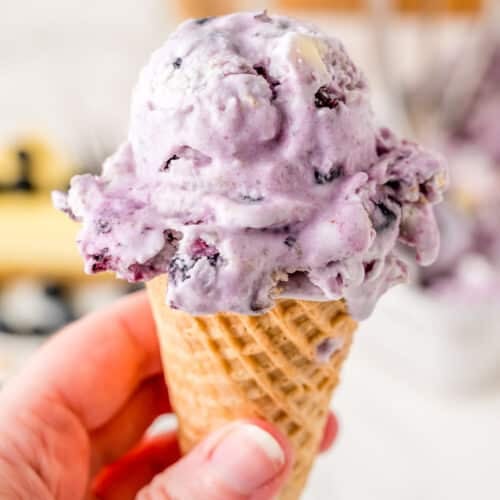 Holding ice cream cone with Blueberry Cheesecake Ice Cream.