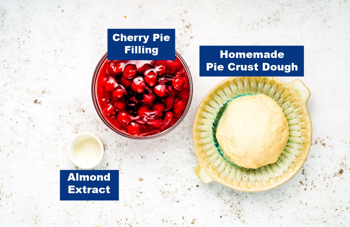 Overhead view of Cherry Almond Pie Ingredients with navy blue labels with white text.