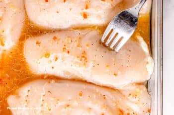 uncooked chicken breasts marinated in Italian dressing being poked by a fork.