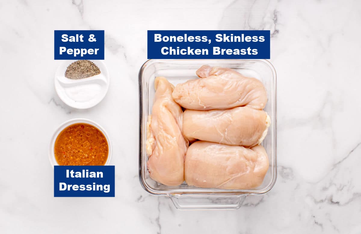 3 Labeled ingredients on a marble countertop.