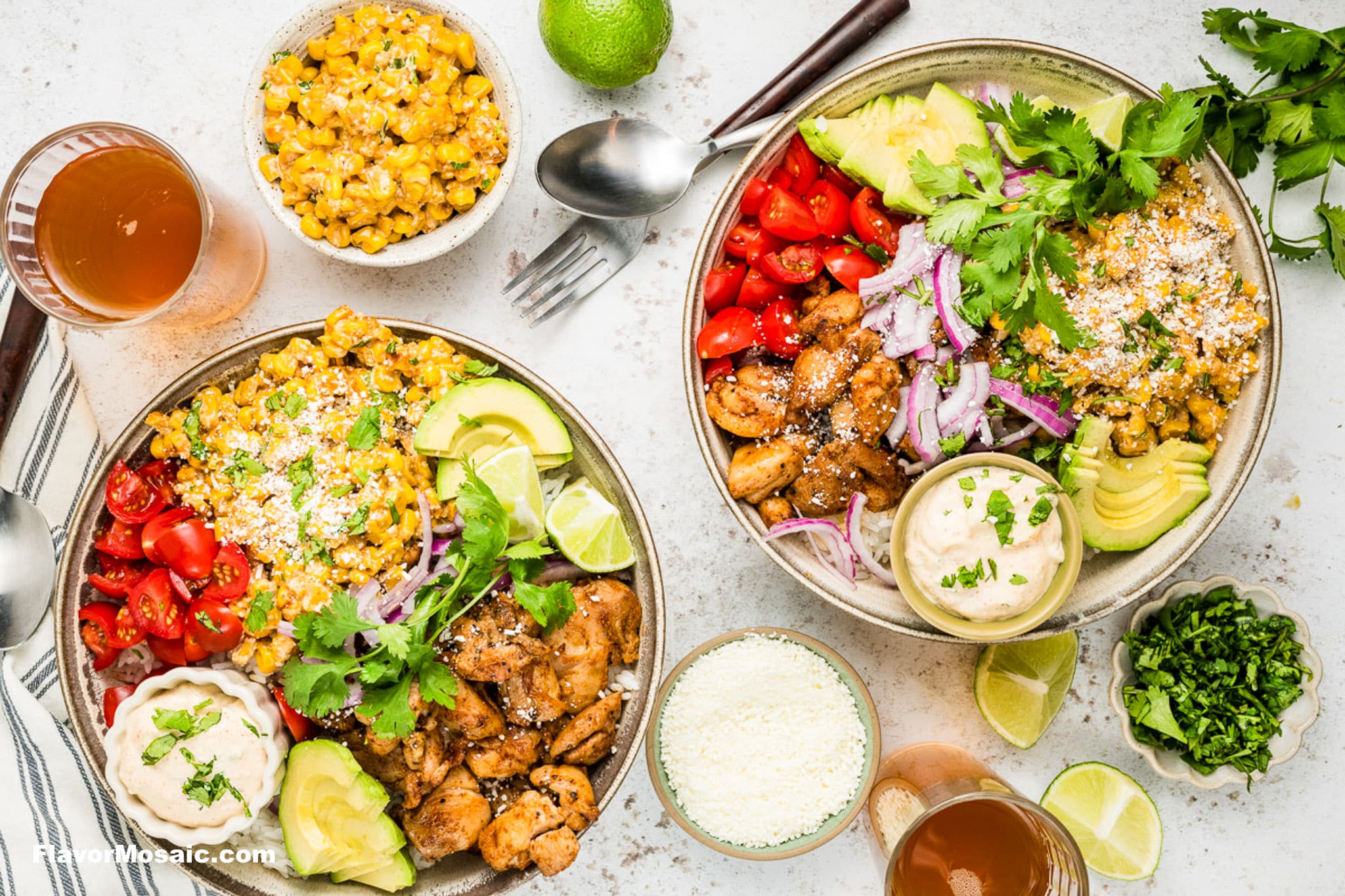 2 bowls street corn chicken rice bowls.