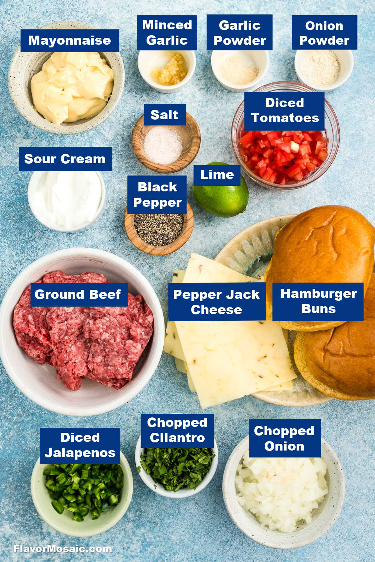 Labeled ingredients for Copycat Whataburger Pico de Gallo Burger, including ground beef, cheese, buns, pico de gallo ingredients, and cilantro lime sauce ingredients.