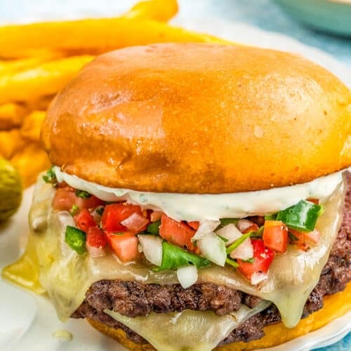 A cheeseburger topped with pico de gallo and a white sauce is served on a plate with a side of French fries and a pickle. The burger has melted cheese and is in a shiny, golden bun.