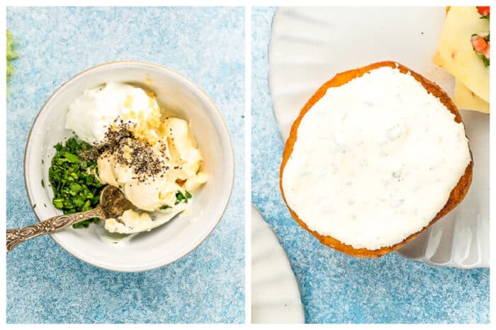 A bowl with mayonnaise, sour cream, chopped herbs, and pepper before mixing, next to a bun half spread with the blended mixture on a blue background.