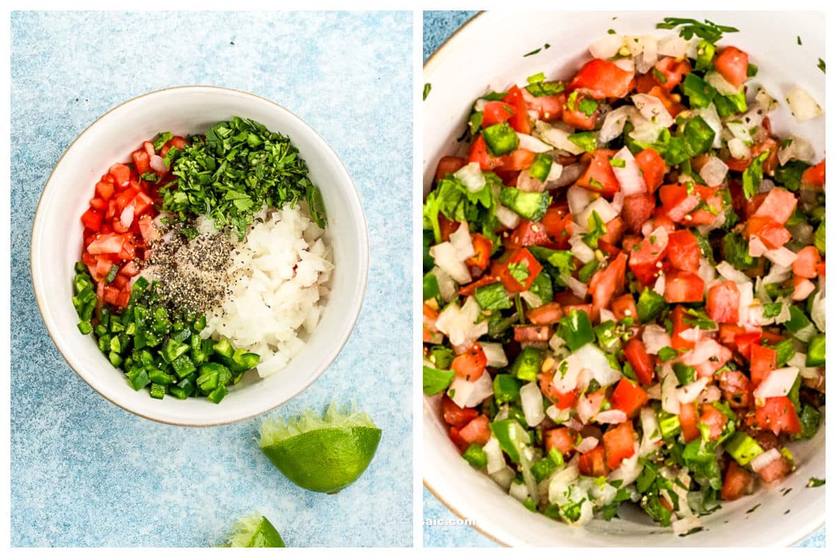 Two images side by side: the left shows a bowl with chopped tomato, onion, jalapeรฑo, cilantro, pepper, and lime on the side; the right shows the same ingredients mixed together as fresh salsa.