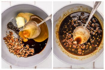 Two side-by-side images show a mixing bowl with chopped pecans, butter, brown sugar, vanilla, and syrup on the left. On the right, the mixture is melted and combined—perfect for drizzling over bacon-wrapped asparagus bundles. A spoon is in both bowls.