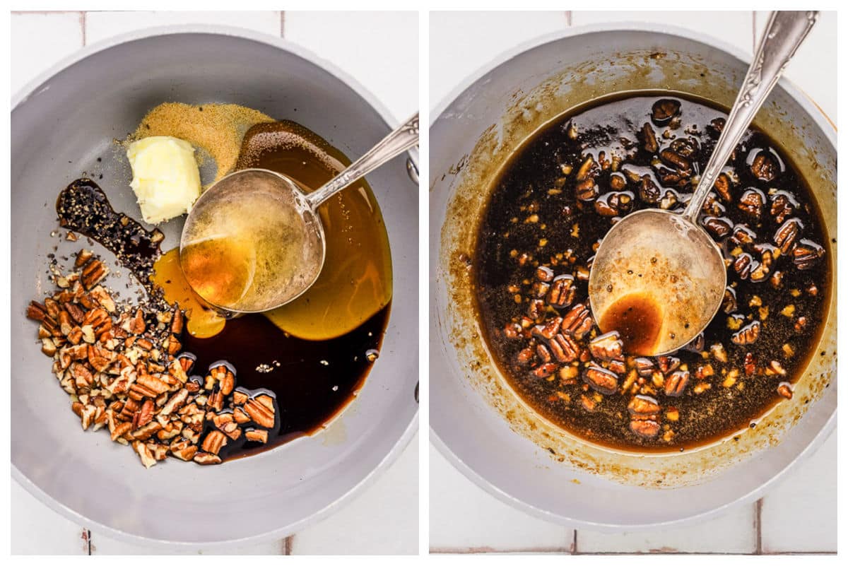 Two side-by-side images show a mixing bowl with chopped pecans, butter, brown sugar, vanilla, and syrup on the left. On the right, the mixture is melted and combined—perfect for drizzling over bacon-wrapped asparagus bundles. A spoon is in both bowls.