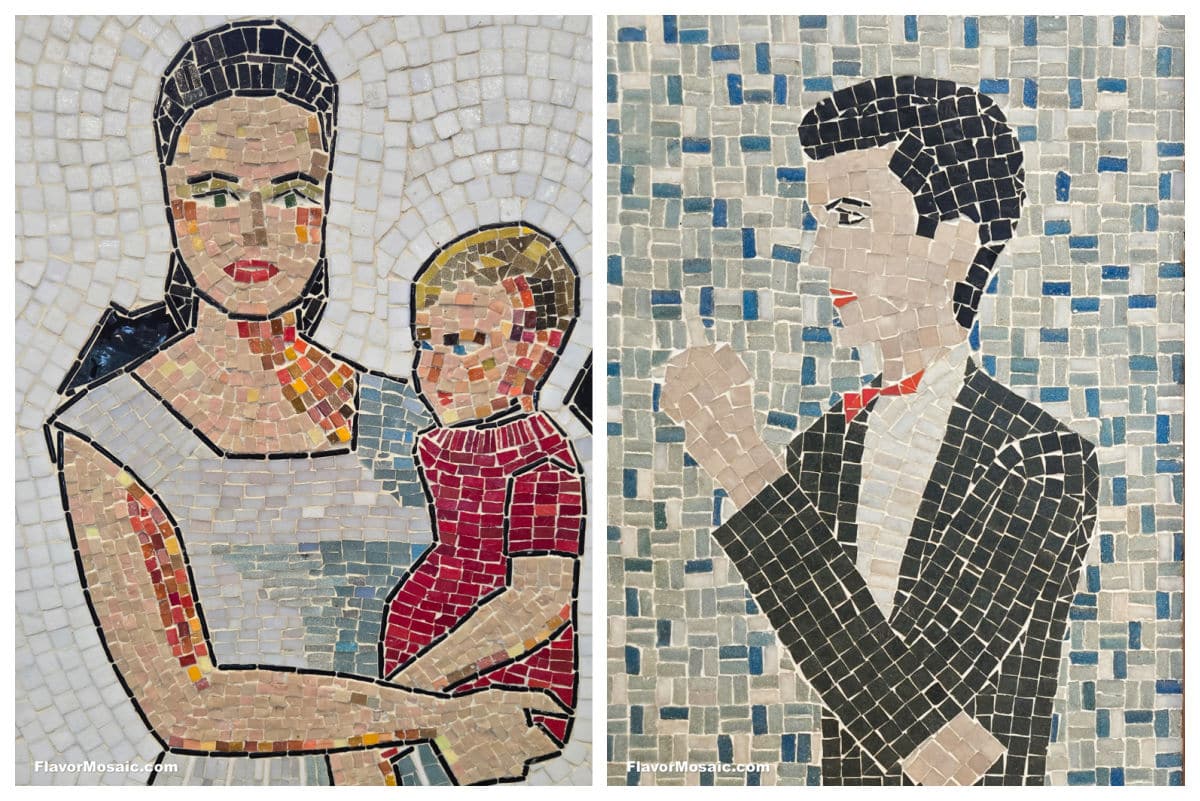 Two mosaic artworks: on the left, a woman with dark hair holds a child in a red shirt; on the right, a man in a black suit and red bow tie stands against a blue and gray tiled background.