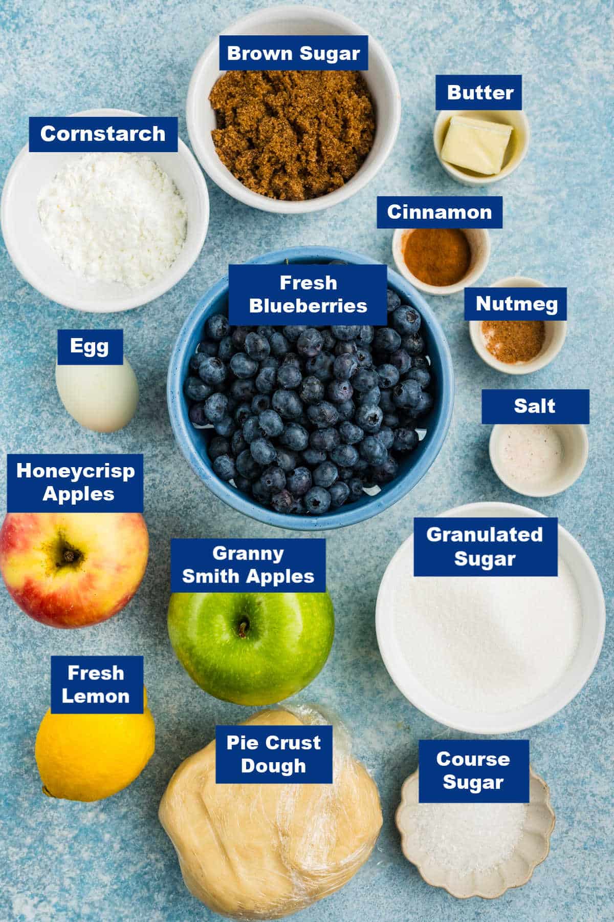 Top-down view of labeled ingredients for a fruit pie, including fresh blueberries, apples, lemon, pie crust dough, egg, brown and granulated sugar, course sugar, cornstarch, butter, cinnamon, nutmeg, and salt on a blue background.
