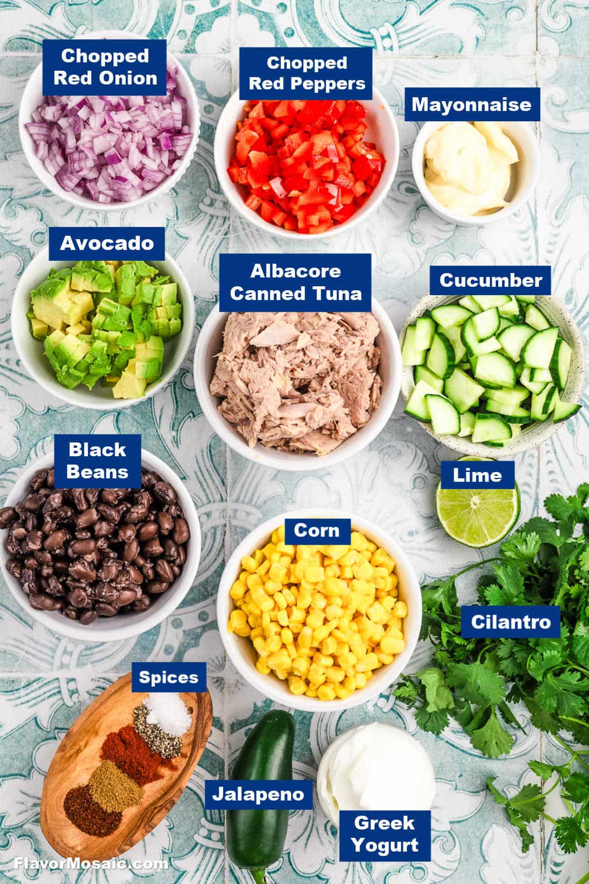 Top-down view of labeled ingredients in bowls for a Mexican Tuna Salad, featuring chopped red onion, red peppers, mayonnaise, avocado, canned tuna, cucumber, lime, black beans, corn, cilantro, spices, jalapeño, and Greek yogurt.