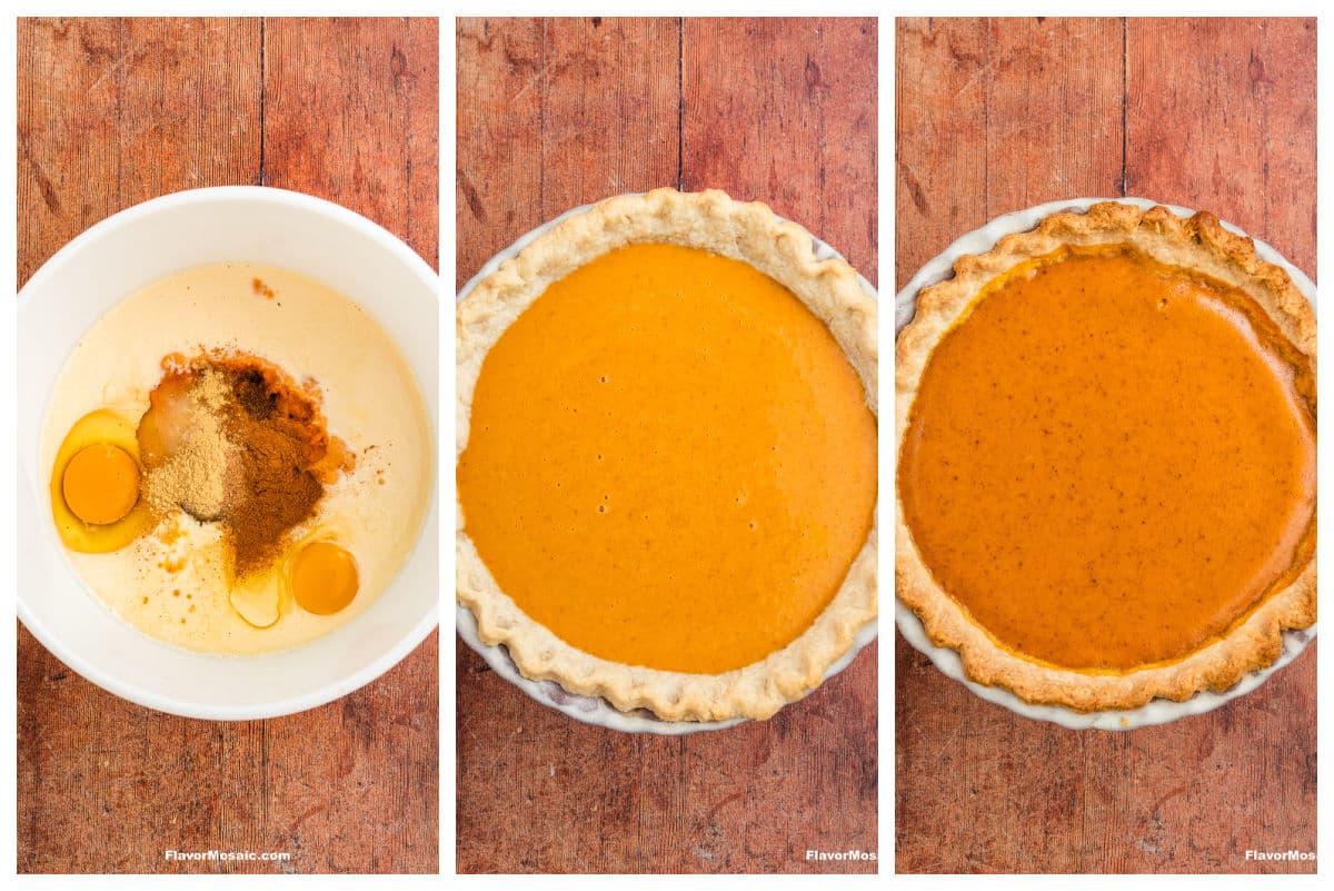 Three side-by-side images show: a bowl with Pumpkin Pecan Pie filling ingredients, an unbaked pie crust filled with smooth pumpkin mixture, and a finished baked pumpkin pie on a wooden surface.