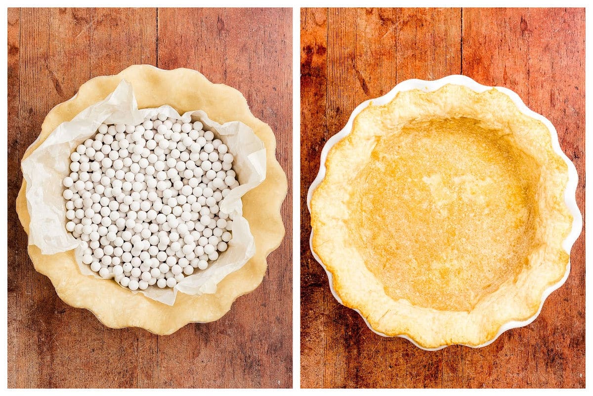 Side-by-side images of a pie crust: the left shows an unbaked shell lined with parchment and filled with pie weights; the right reveals the baked, empty base-ready to be filled for a delicious Pumpkin Pecan Pie.