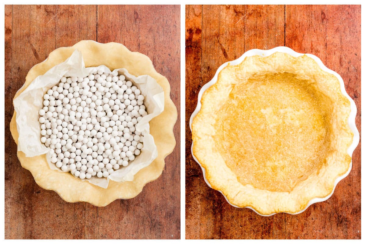 Side-by-side images of a pie crust: on the left, it's lined with parchment and filled with pie weights; on the right, the baked crust is empty and ready for your favorite filling, like classic Texas Pecan Pie.