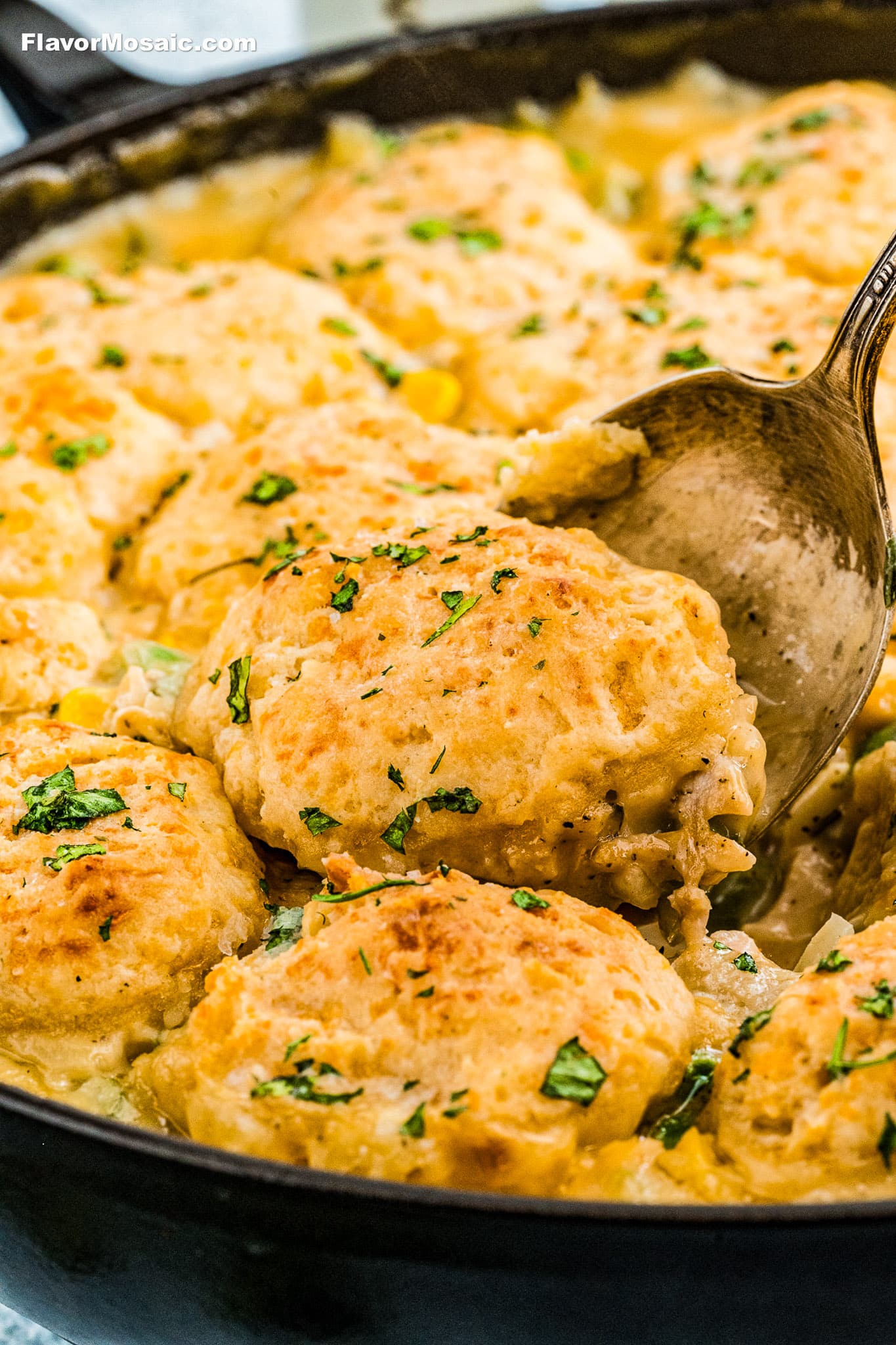 A close-up of a skillet filled with golden-brown biscuit-topped chicken and vegetable pot pie, garnished with chopped herbs. A spoon is lifting a portion of the dish.