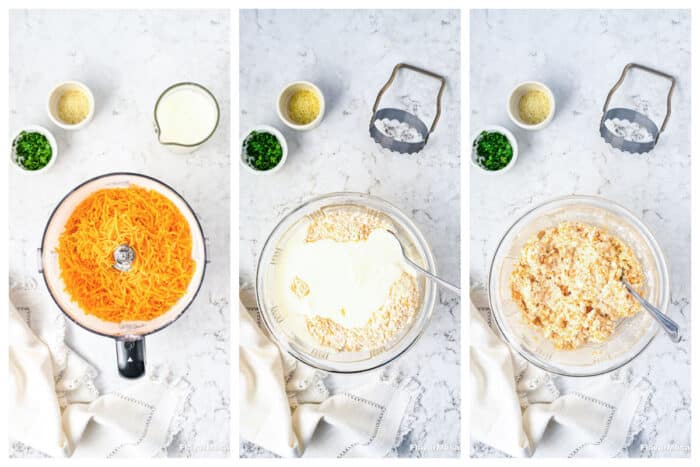 Three panels show steps for making a cheesy dish: shredded cheddar in a food processor; cheese mixed with sauce and oats in a bowl; and the mixture fully combined, surrounded by small bowls of chopped herbs and seeds on a marble surface.