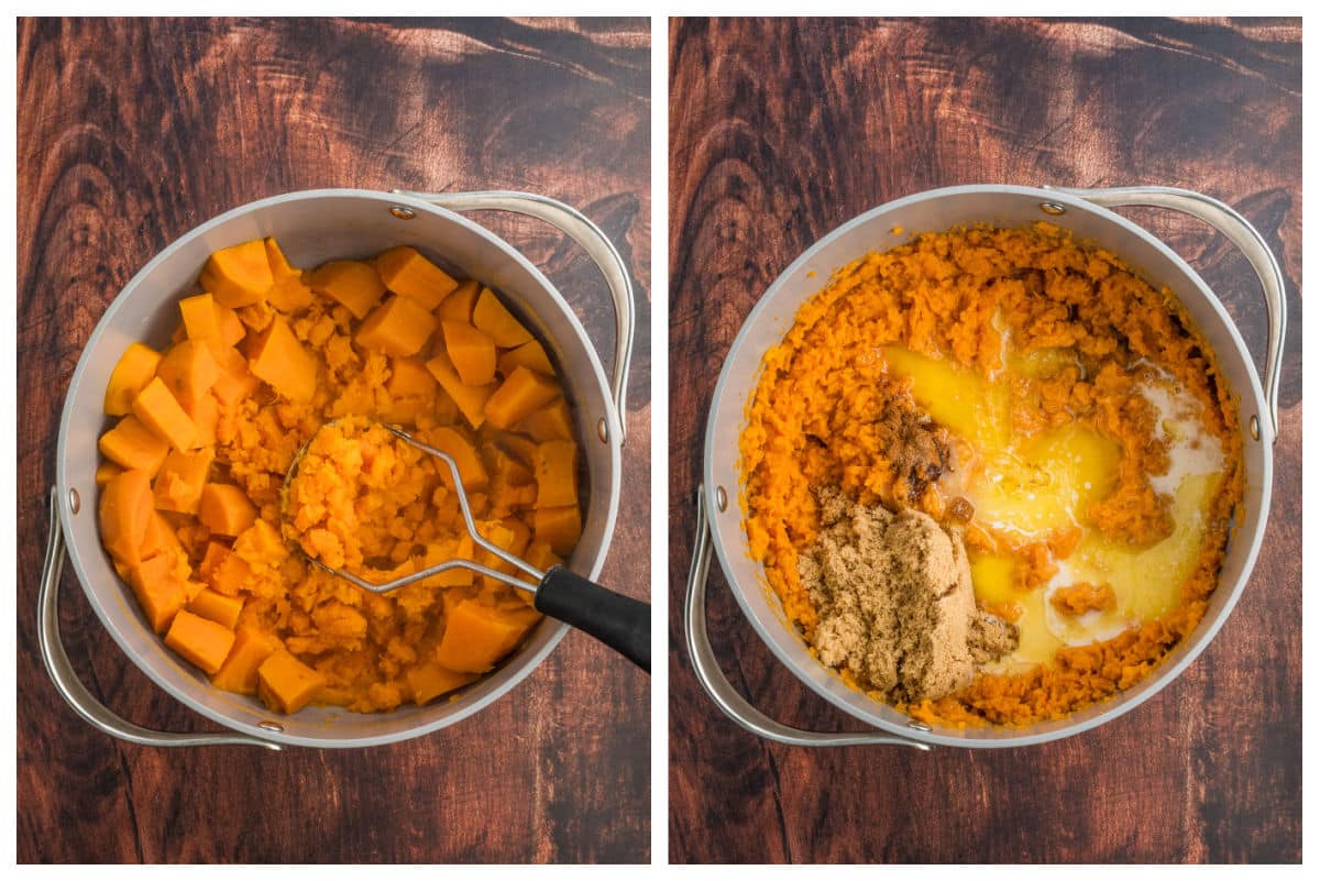 Two images side by side: On the left, a pot with cubed sweet potatoes being mashed; on the right, the base for Sweet Potato Casserole with Pecan Topping is mixed with butter, brown sugar, spices, and milk, ready to be blended.