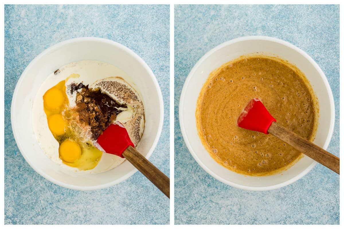 Side-by-side images: On the left, eggs, sugar, brown sugar, vanilla, cream, and ingredients for Apple Butter Pie in a bowl with a red spatula; on the right, everything mixed together into a smooth brown batter.