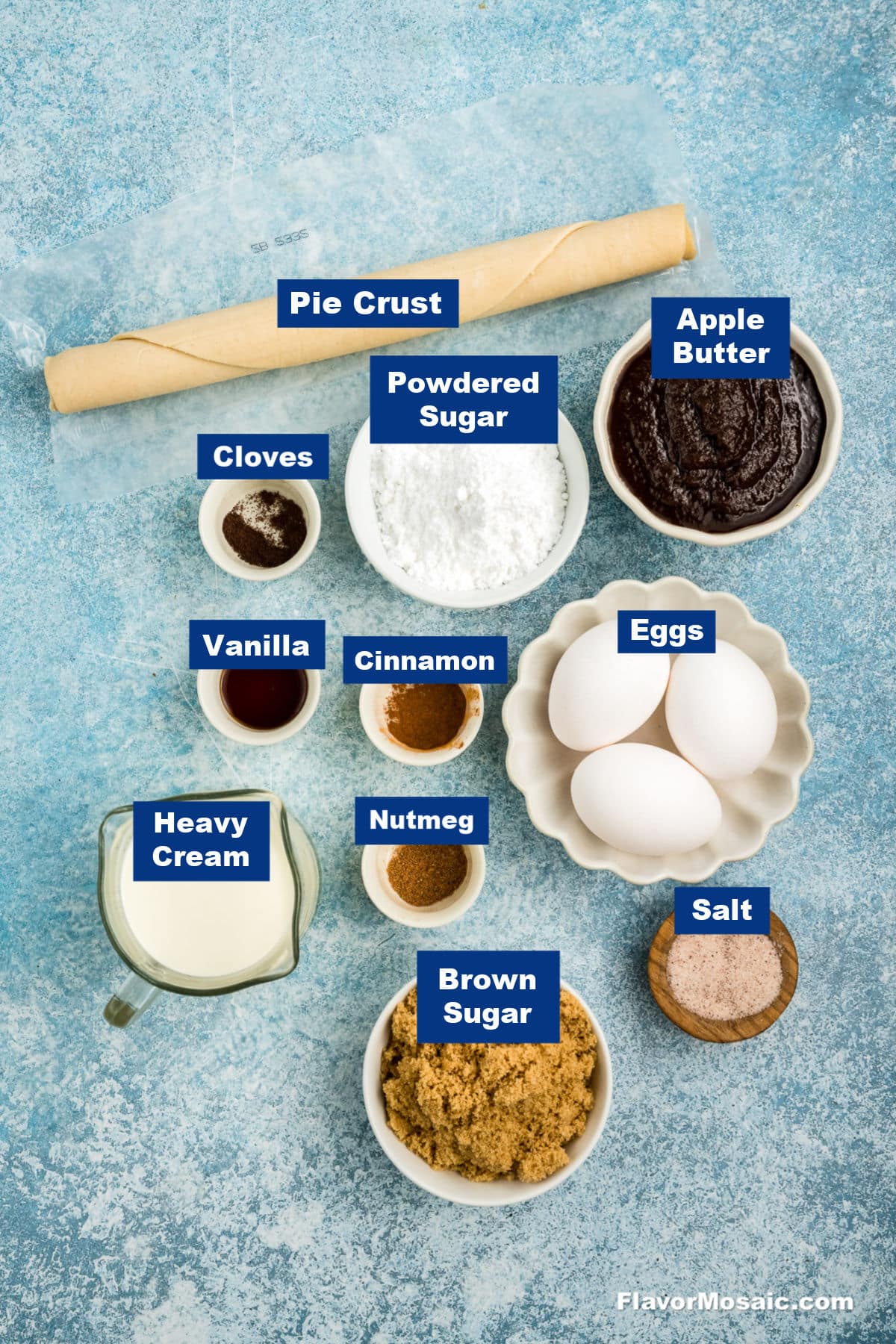 Ingredients for an Apple Butter Pie recipe are arranged on a blue surface, featuring a rolled pie crust, apple butter, powdered sugar, eggs, brown sugar, salt, heavy cream, vanilla, cinnamon, nutmeg, and cloves-all neatly labeled.