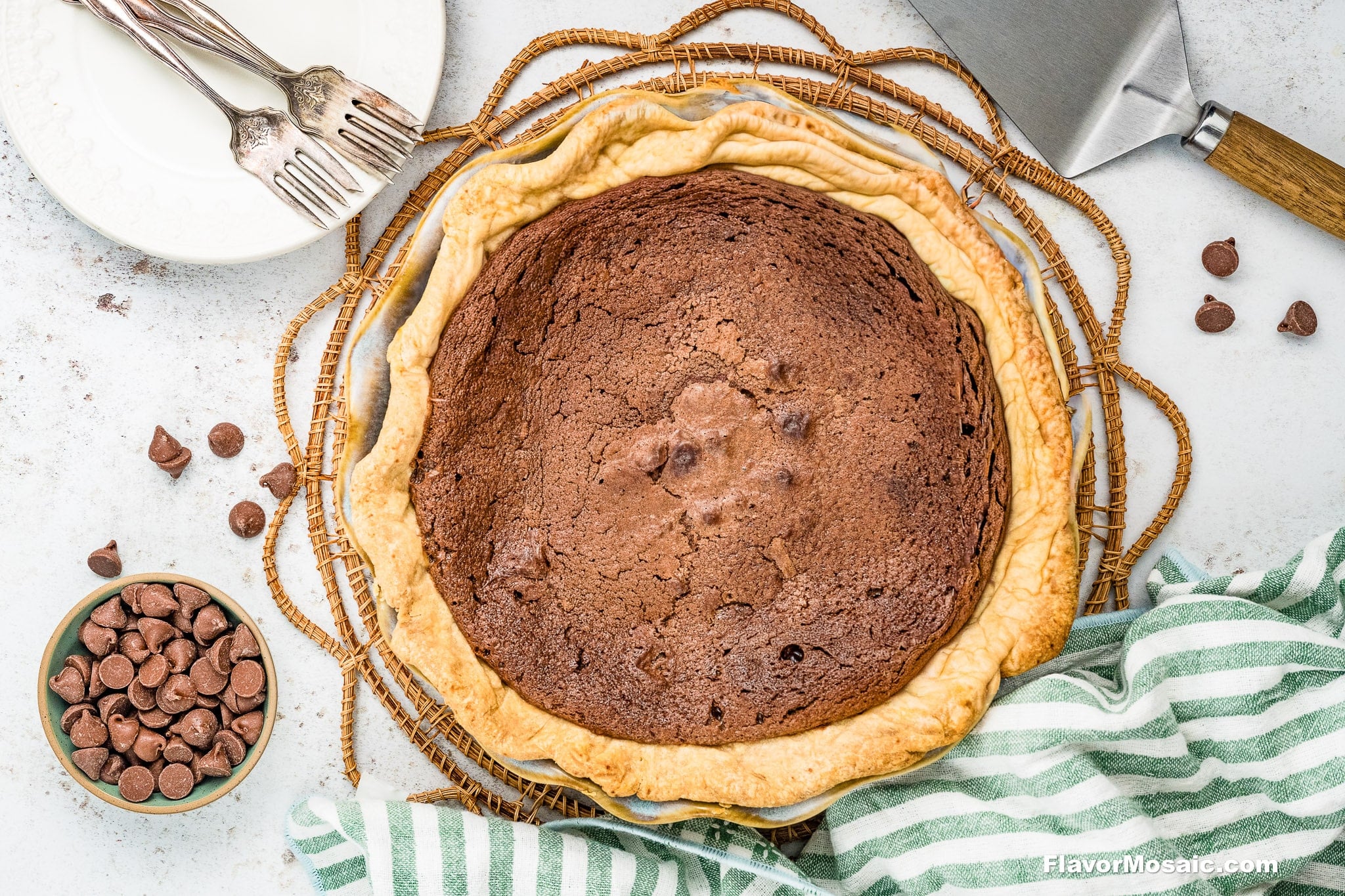 Overhead view of a Chocolate Chess Pie after baking and before serving. You can see the crackly top of the pie.