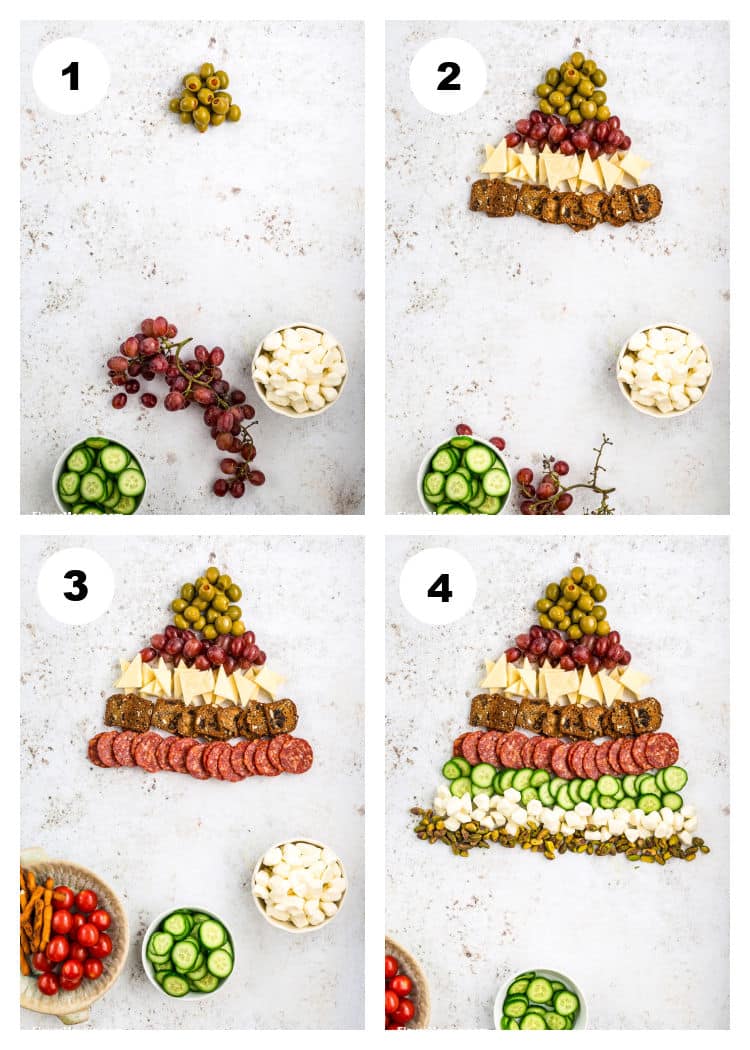 Step-by-step images showing how to arrange olives, cheese, meats, and vegetables on a surface to create a Christmas tree-shaped charcuterie board, with each step adding more ingredients to form the complete tree.