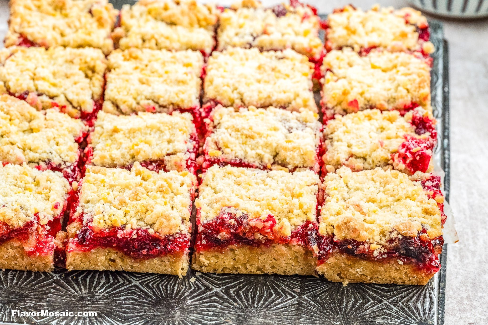 A close-up of Cranberry Crumb Bars with a crumbly topping, vibrant red fruit filling, and a golden-brown crust, arranged in neat rows on a textured tray.