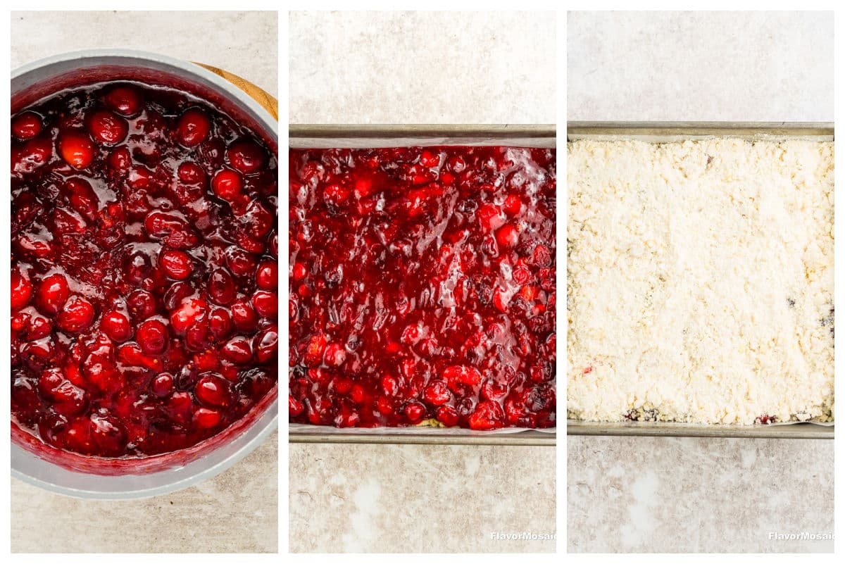 A three-panel image shows: a pot of cooked cranberry filling, a baking pan with cranberry filling spread inside, and the same pan topped with crumbly dough, ready to bake Cranberry Crumb Bars.