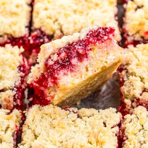 Close-up of crumbly, golden Cranberry Crumb Bars, with one bar standing upright to showcase its thick fruit filling nestled between layers of buttery crumble. The bars are cut into squares and tightly arranged.
