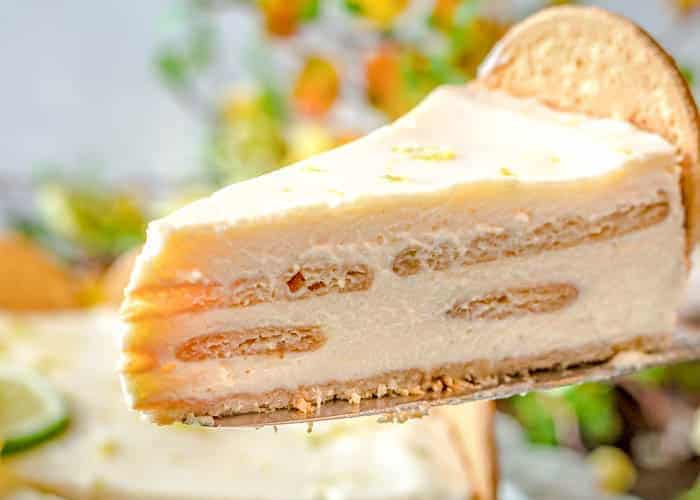 A close-up of a creamy layered dessert slice with cookies or biscuits inside, held on a spatula. The background is blurred with hints of greenery and colorful spots.