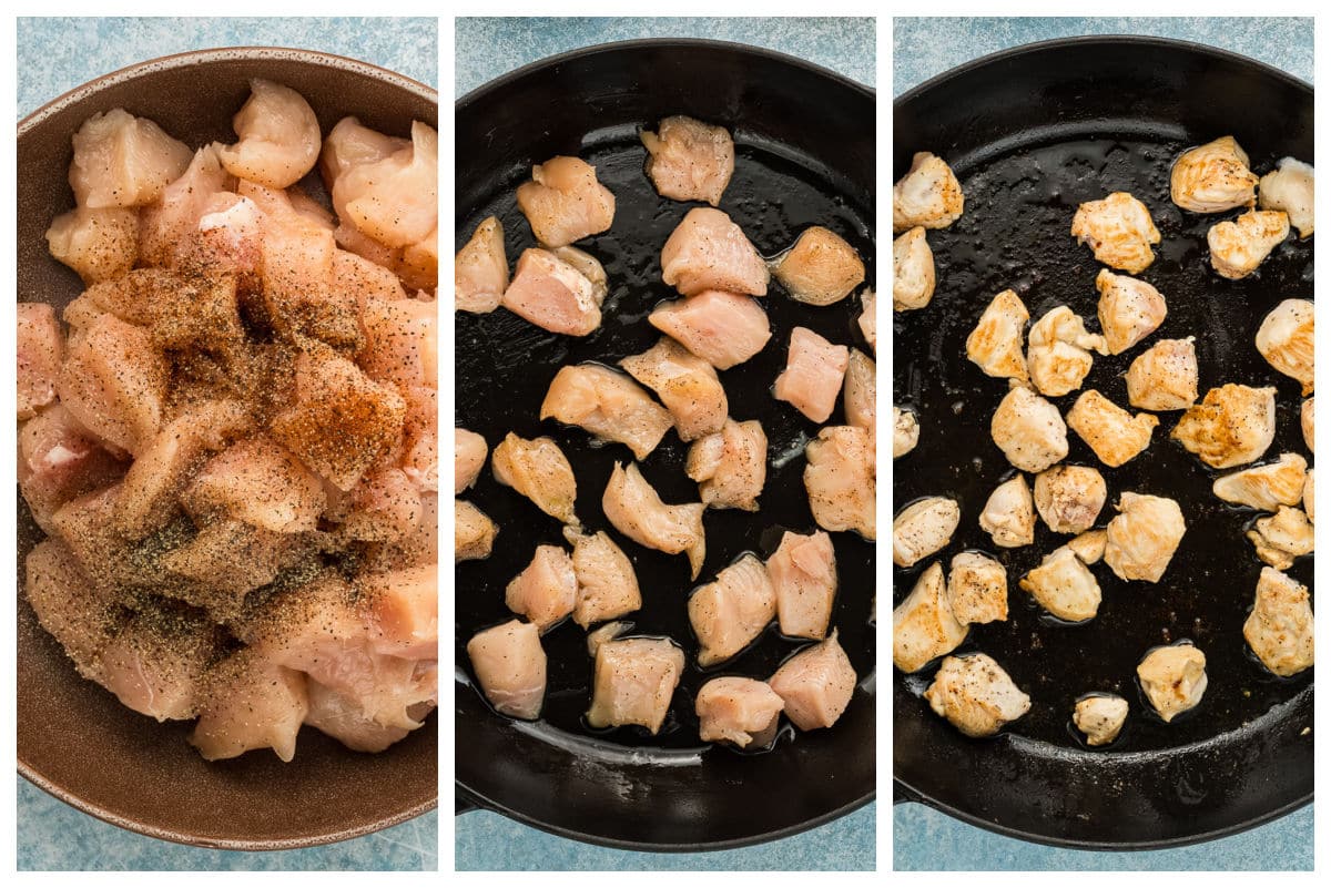 Three panels show the process of cooking chicken: raw diced chicken seasoned in a bowl, the chicken pieces cooking in a skillet, and fully cooked, browned chicken pieces in the pan.