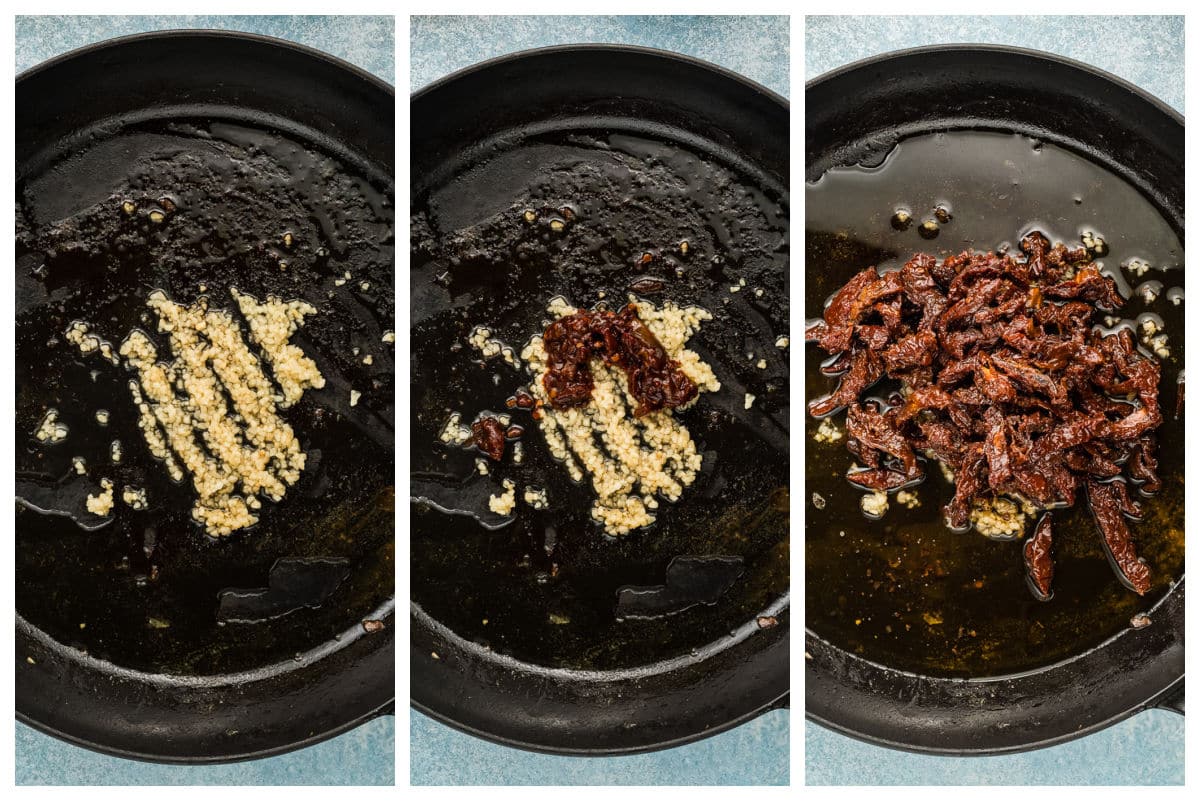 Three side-by-side images show a black skillet: first with sizzling minced garlic, second with garlic and added sun-dried tomatoes, third with both ingredients cooking together in oil.