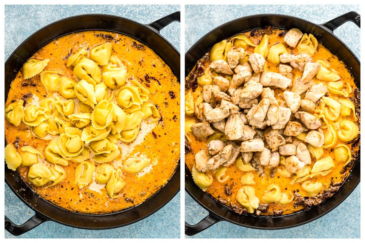 Two side-by-side images of a skillet: the left shows cheese tortellini in a creamy orange sauce, while the right shows cooked, seasoned chicken pieces added on top of the tortellini in the same sauce.