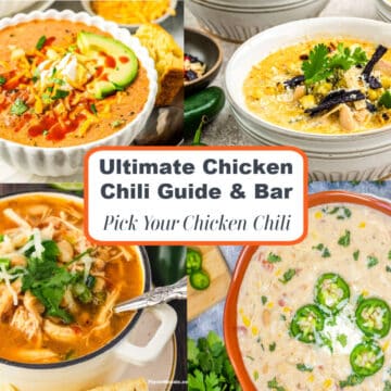 A collage of four bowls of chicken chili recipes, topped with cilantro, jalapeños, and cheese. Center text reads: Ultimate Chicken Chili Guide & Bar – Pick Your Chicken Chili for the tastiest lineup around.