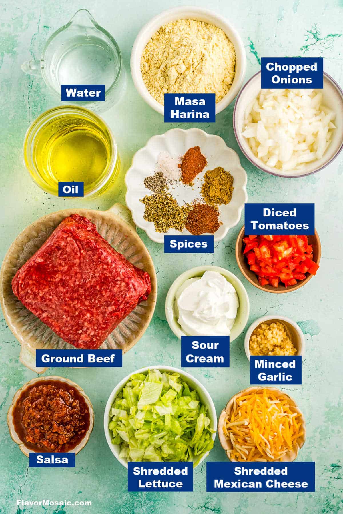 Ingredients for a Mexican-inspired dish are arranged on a light green surface. Labeled bowls contain ground beef, masa harina, water, oil, spices, chopped onions, diced tomatoes, minced garlic, salsa, shredded lettuce, sour cream, and shredded cheese.