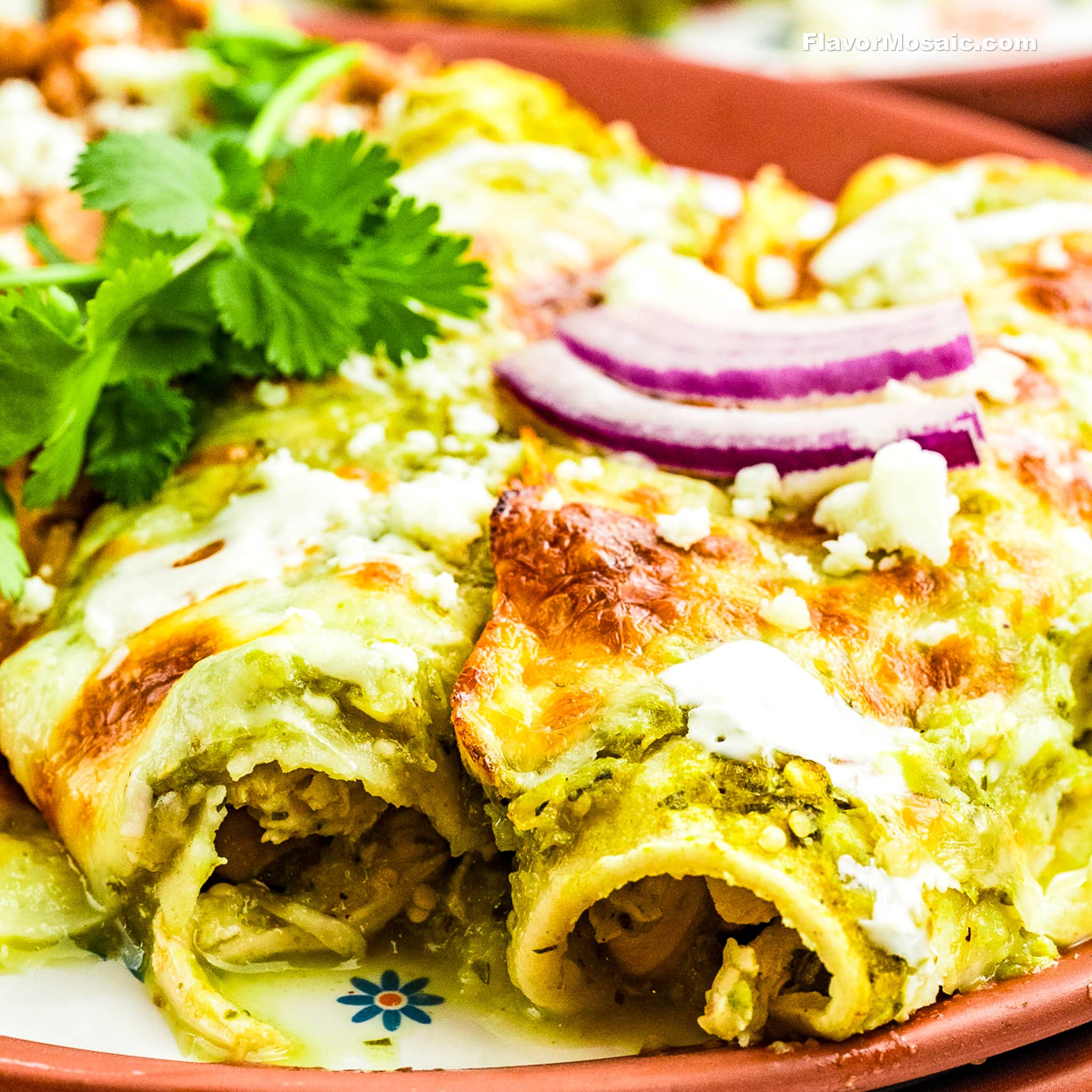 Close-up of cheesy enchiladas verdes topped with roasted salsa verde enchilada sauce, fresh cilantro, red onion slices, and a drizzle of Mexican crema, served on a reddish-brown plate.