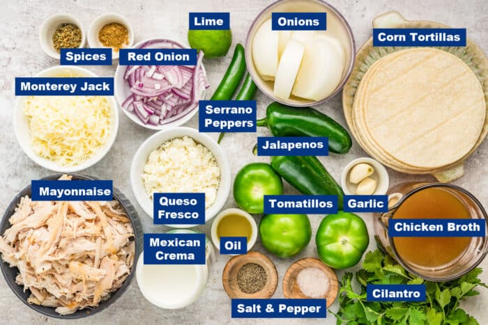 An overhead view of labeled taco ingredients, including shredded chicken, cheeses, peppers, tomatillos, tortillas, spices, onions, lime, garlic, chicken broth, oil, cilantro, mayonnaise, and Mexican crema.
