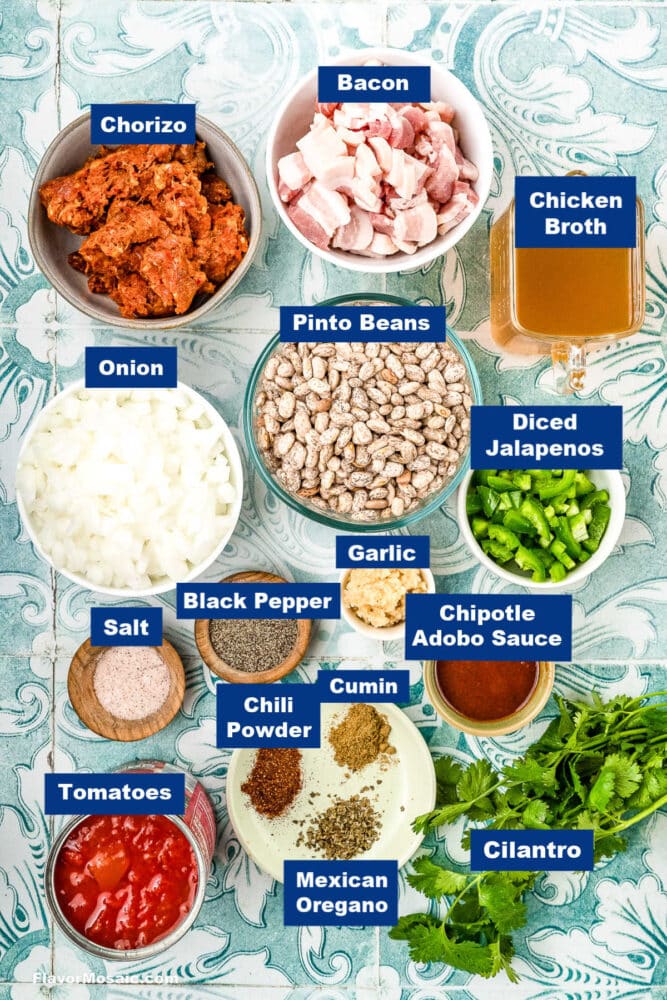 Overhead view of labeled ingredients on a blue patterned background, including chorizo, bacon, chicken broth, pinto beans, diced jalapeños, onion, garlic, black pepper, salt, chili powder, cumin, Mexican oregano, tomatoes, and cilantro.